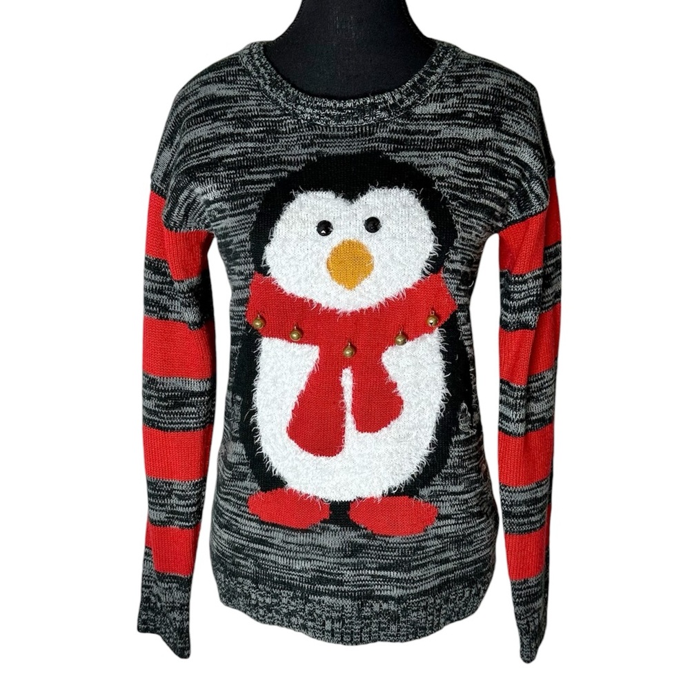 Ugly Christmas Sweater Knit Embellish Penguin Jingle Bells Red Black Grey Medium